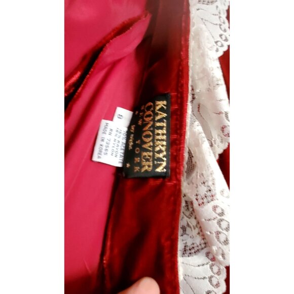 Vintage Red Velvet Long Sleeve Dress Lace Collar Gathered Waist Full Skirt Sz 8 - Picture 8 of 11